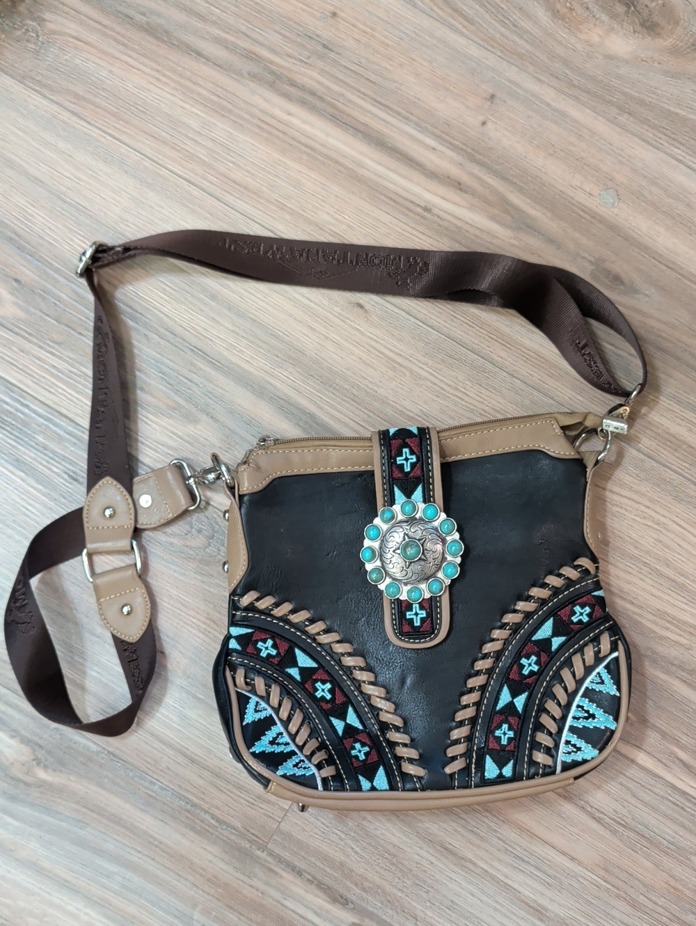 Montana West Black & Tan Crossbody Bag with Turquoise Accents